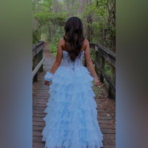 Light Blue Ruffled Ball Gown Prom Dress